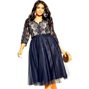 City Chic Beauty Elbow Sleeve Navy Blue Dress